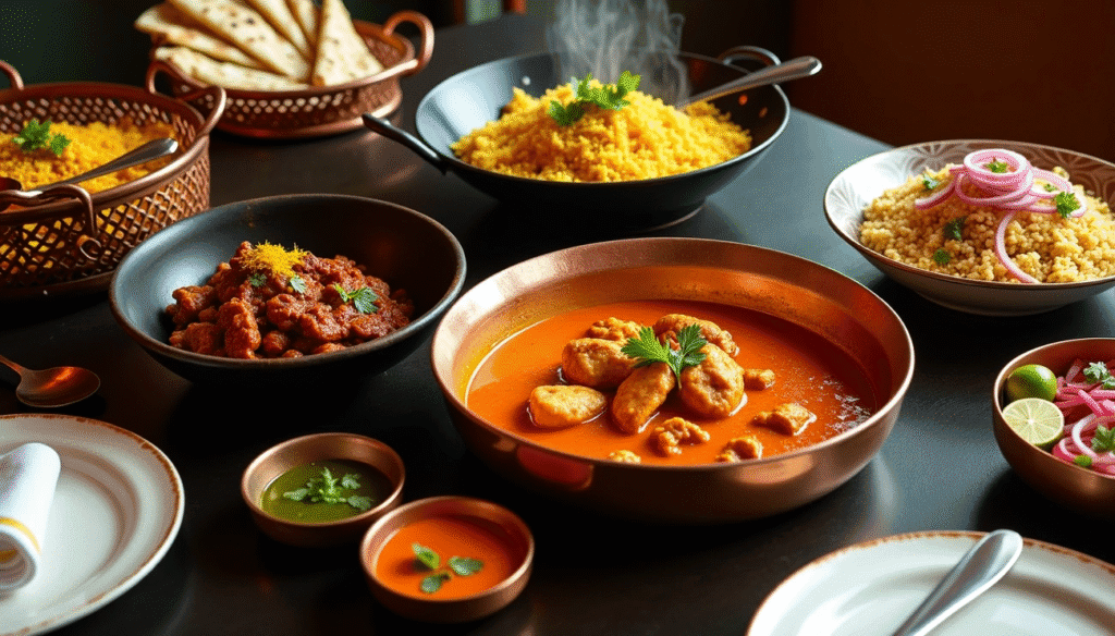 Indian meal with curry, rice, naan, and condiments on a dark table.