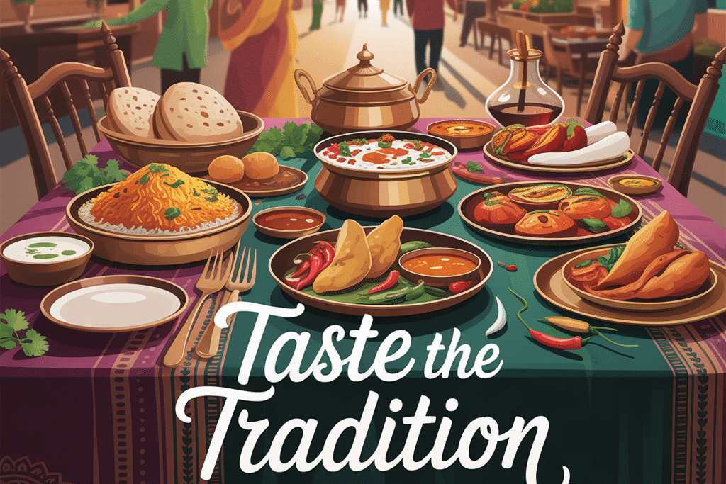 A vibrant street scene in India with people walking between colorful shopfronts, while a table in the foreground is laden with a feast of traditional Indian dishes, including biryani, samosas, curries, roti, chutneys, and desserts, with the words “Taste the Tradition” written across the tablecloth.