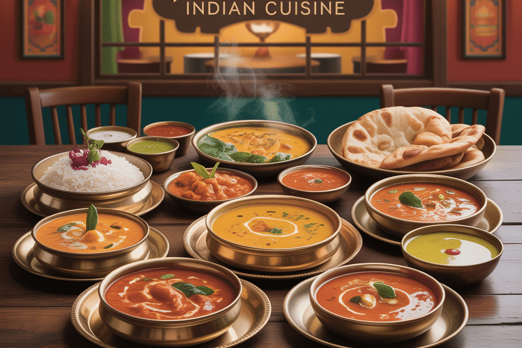 A beautifully arranged table featuring a variety of Indian dishes in golden bowls, including curries, rice, naan, and sauces, set inside a warmly lit dining space with a sign reading ‘Spice Garden Indian Cuisine’ in the background.