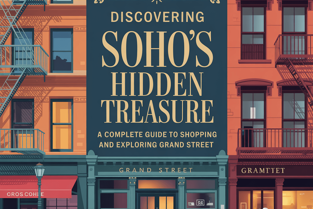 street scene of Soho’s Grand Street with colorful historic buildings and shopfronts. A large central sign reads “Discovering Soho’s Hidden Treasure: A Complete Guide to Shopping and Exploring Grand Street.” Pedestrians walk along the sidewalk carrying shopping bags, café tables sit outside a storefront, and warm window lights suggest a lively neighborhood atmosphere.