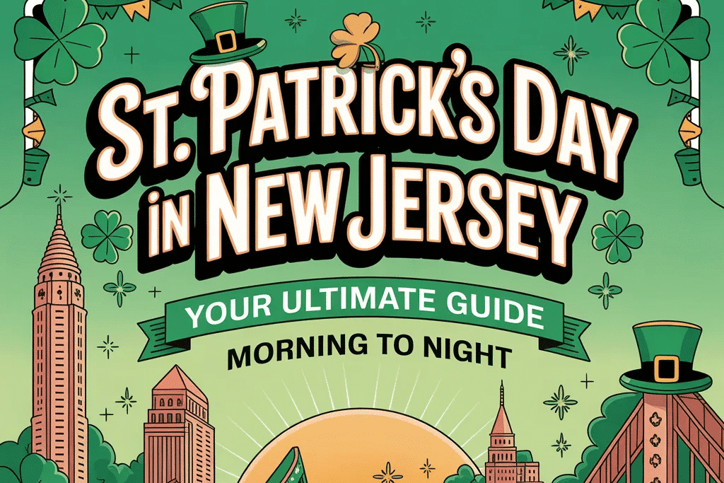 Illustrated poster for “St. Patrick’s Day in New Jersey – Your Ultimate Guide Morning to Night,” featuring green festive decorations, shamrocks, a leprechaun hat, and a stylized city skyline with bridges and buildings over a river at sunset, celebrating the holiday theme.